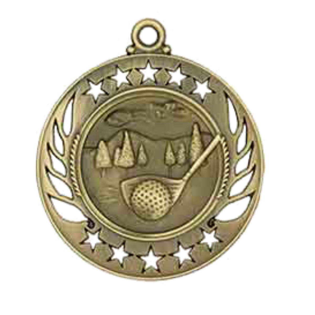 Antique gold medal with golf club and ball against scenic landscape, framed by star border.